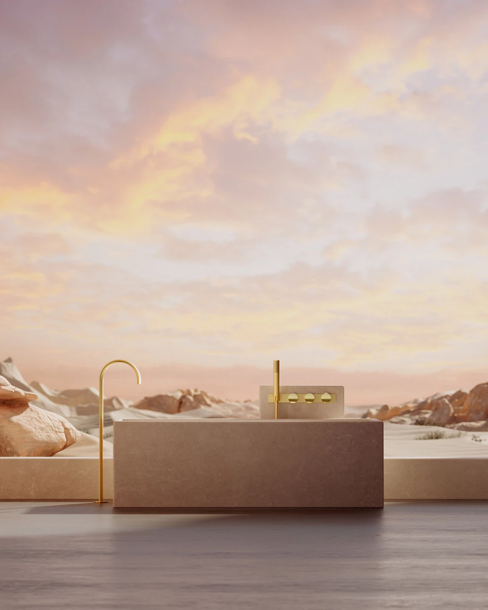 Bathtub with BEYOND fittings against a desert landscape