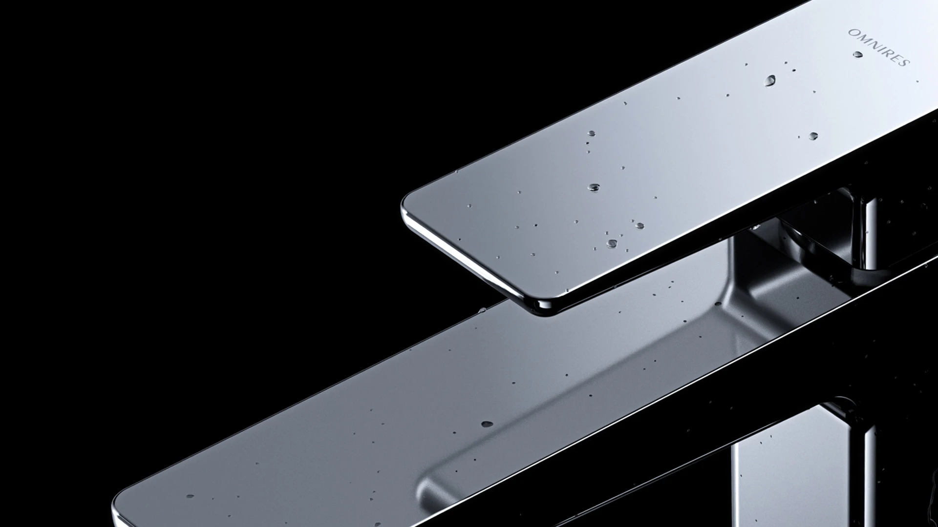 Chrome PARMA basin mixer with water droplets on a black background