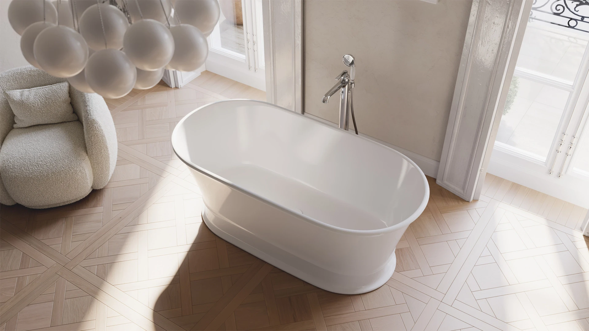 Freestanding bathtub with an ARMANCE mixer in a bright, classic interior