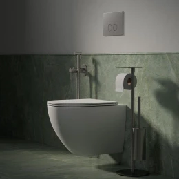 free-standing toilet roll and brush holder with a shelf