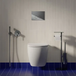 free-standing toilet roll and brush holder with a shelf