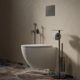 free-standing toilet roll and brush holder with a shelf