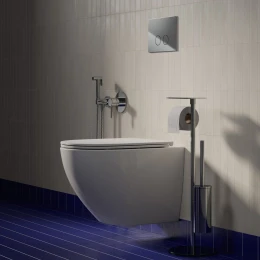 free-standing toilet roll and brush holder with a shelf
