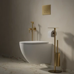 free-standing toilet roll and brush holder with a shelf